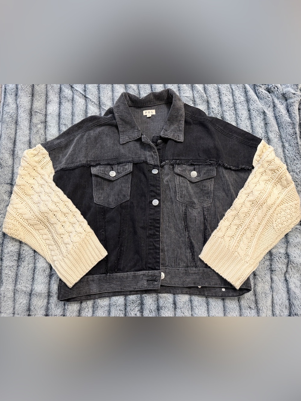 POL Mixed-Media Corduroy Jacket with Cream Cable-Knit Sleeves - Black